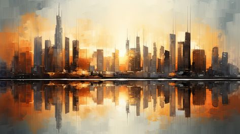 Modern City Skyline City Reflection Art, Cityscape Digital Art, Digital Character Art, City Skyline Painting, City Landscape Painting, Urban Landscape Painting, Skyline Artwork, Loft Wall, Digital Character