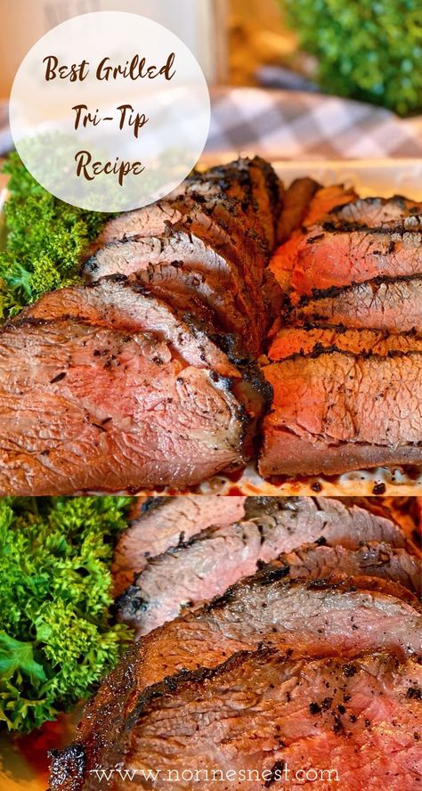 Top photo: Sliced Tri-Tip laid out on a platter with parsley garnish. Botton Photo: Close-up of Sliced Grilled Tri-Tip. Bbq Tri Tip Recipes Grilled, Tri Tip Dinner Ideas Meals, Best Tri Tip Recipe, Bbq Tri Tip, Tri Tip Steak Recipes, Smoked Beef Brisket Recipes, Cooking Tri Tip, Beef Short Rib Recipes, Beef Steak Recipes