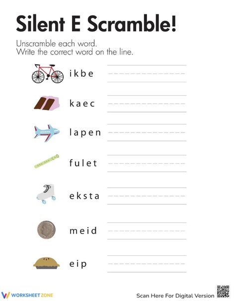 Embark on an exciting word unscrambling adventure with this silent E word list! Encourage your students to solve the puzzle by unscrambling the mixed-up words, all of which contain a silent E. Try it out! #silente #phonics #grammar #printables #worksheet #vowels #lettersounds #letters #wordscramble #esounds #unscramblewords #wordlist #ela #puzzle #pdf #freeprintables #kids Silent E Worksheets Free First Grade, First Grade Curriculum, Unscramble Words, Solve The Puzzle, Silent E, English Worksheet, E Words, Word Recognition, Puzzle Solving