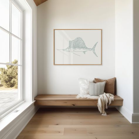 Sail Fish Print, Blue Sail Fish, Fisherman’s Wall Art, Coastal Home Decor, Beach house Print by SaltSandSeaCo on Etsy Home Decor Minimalist, Wall Art Coastal, Coastal Home Decor, Coastal Life, Nautical Wall Art, Nautical Wall, Coastal Home, Office Max, Fish Print