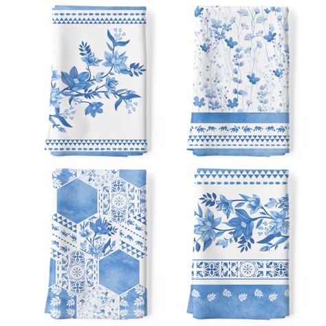 Hand Towel Bar, Blue Dishes, Kitchen Decor Modern, Flower Tea, Kitchen Towel Set, Functional Accessories, Towels Design, Blue Flower, Kitchen Items