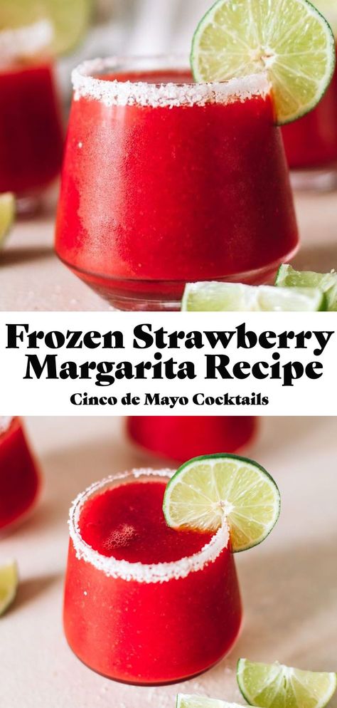 This Frozen Strawberry Margarita recipe is SO addicting for Cinco de Mayo, each sip is incredibly smooth and filled with bright strawberry flavor with the most subtle hint of tequila. They truly taste like an adult summer slushy and they’re made with only four simple ingredients (you won’t find a can of limeade here!) and under 200 calories a serving! Strawberry Margarita Mocktail Recipe, Alcohol Drink Recipes For A Party, Drinks Alcohol Recipes Margaritas, Pitcher Strawberry Margarita Recipe, Blended Strawberry Margarita Recipe, How To Make Strawberry Margaritas, Cinco De Mayo Margarita Ideas, Simple Strawberry Margarita Recipe, Raspberry Margarita Recipe Frozen