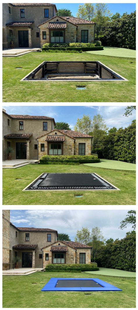 In Ground Trampoline Ideas, Inground Trampoline Landscaping, Built In Trampoline Ground Level, I Ground Trampoline, In Ground Trampoline Landscape, Ground Level Trampoline, Diy In Ground Trampoline, Diy Inground Trampoline, I Ground Trampoline Ideas