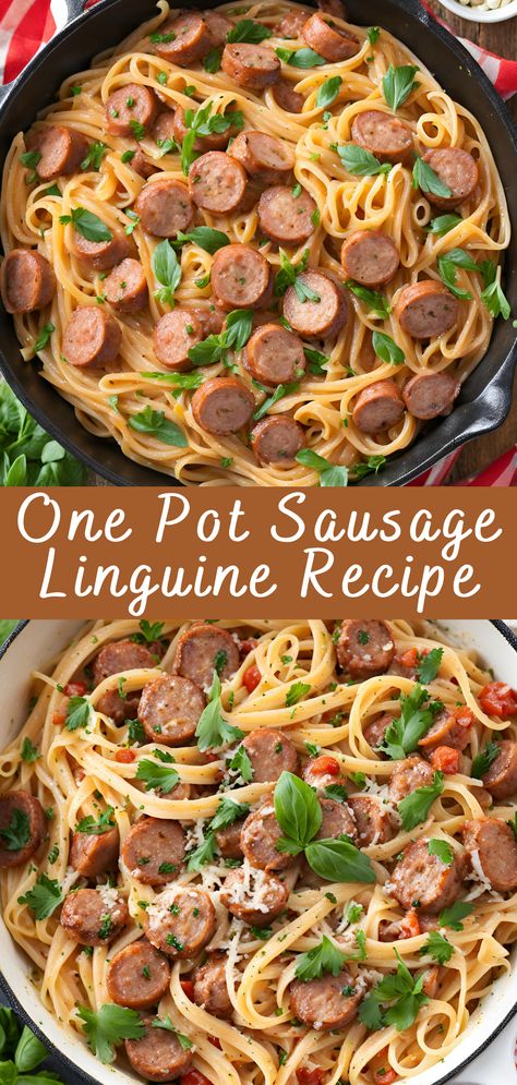 One Pot Sausage Linguine Recipe | Cheff Recipes Linguine And Sausage Recipes, Sausage Linguine Recipes, One Pot Meals Sausage, Spaghetti And Sausage, Sausage Noodle Recipes, Sausage And Fettuccine, Hot Links Recipes Dinners, One Pot Chicken Sausage Pasta, Spicy Linguine Recipes