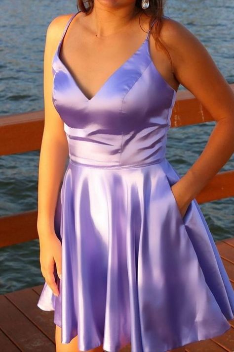 Lavender Satin Dress Short, Short Prom Dresses Purple, Prom Dresses Short Purple, Violet Short Dress, Purple Dress Homecoming, Bright Purple Hoco Dress, Purple Grad Dresses Grade 8, Lavender Hoco Dress Short, Purple Dresses Short