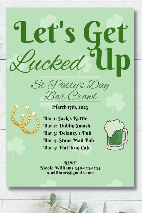 Let's Get Lucked Up St. Patrick's Day Bar Crawl Invitation, St. Patty's Day Invitation Template, Digital Download Alumni Event Ideas, St Pattys Party, St Patricks Theme, Neighborhood Party, Alumni Events, Stag And Doe, Bar Crawl, Saint Patties, St Pats