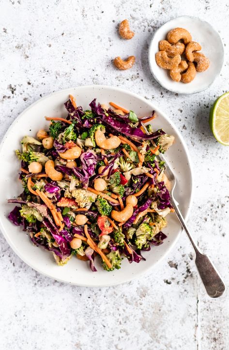 Broccoli Salad Vegan, Chickpeas Broccoli, Thai Broccoli, Ginger Peanut Dressing, Best Broccoli Salad, Easy Broccoli Salad, Gf Dinner, Spicy Cashews, Colorful Veggies