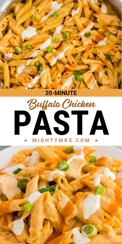 This 20-minute buffalo chicken pasta has all the flavors you love from buffalo chicken combined with pasta. Chicken and penne pasta tossed in a creamy, cheesy Buffalo sauce then drizzles with ranch dressing and garnished with green onions. Serve with the classic celery, carrots and cool ranch and you've got a full meal in just 20 minutes! Buffalo Chicken Pasta Canned Chicken, Dump And Bake Buffalo Chicken Pasta, Chicken And Penne Pasta, Buffalo Chicken Pasta Bake, Buffalo Pasta, Buffalo Chicken Pasta Salad, Spicy Buffalo Chicken, Easy Buffalo Chicken, Buffalo Chicken Pasta