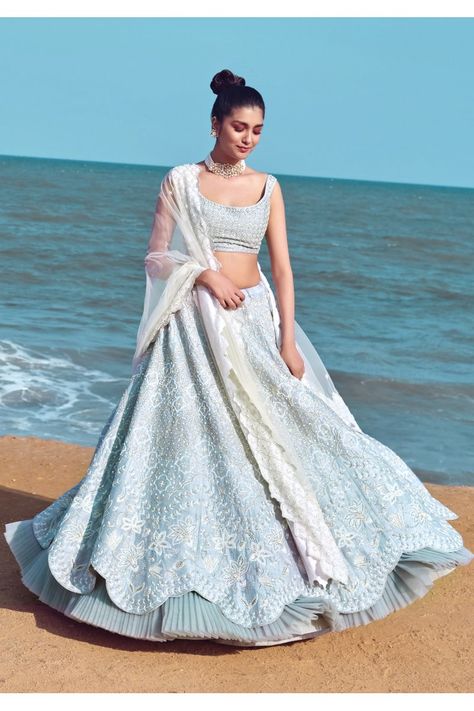 Cloud-blue raw silk lehenga with a matching blouse and dupatta with zardosi, glass beads, and sequin embroidery Baby Blue Lehenga, Blue Bridal Lehenga, Skirt With Blouse, Raw Silk Lehenga, Checkered Blouse, Blue Lehenga, Indian Look, Top Indian, Lehenga Skirt