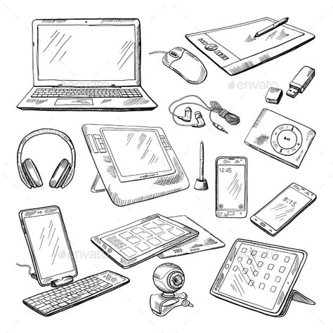 Different Computer Gadgets Laptop Sketch Drawings, Computer Sketch Drawing, Computer Drawing Ideas, Drawing Of A Computer, Computer Reference Drawing, Laptop Drawing Art, Computer Art Drawing, Computer Drawing Sketches, Draw A Computer