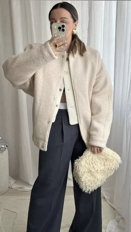 Have you heard, textured bags are a thing now? 🐥 Fluffy bag Anthropologie | Cream tonal layering outfit | Spring outfits | Boxer short trousers | Boucle cardigan | Oversized bomber jacket   #LTKover40 #LTKU #LTKworkwear Boxer Trousers Outfit, White Teddy Jacket Outfit, Fluffy Bag Outfit, Cream Jacket Outfit, Boucle Jacket Outfit, Layered Outfits Spring, Teddy Jacket Outfit, Denim Jacket Outfit Women, Oversized Jacket Outfit