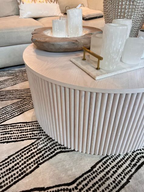 Contemporary Living Room Inspiration, Whitewash Coffee Table, Fluted Coffee Table, Living Room Fans, Coffee Table Decor Living Room, White Round Coffee Table, Coffee Table Inspiration, Coffee Table Living Room, Room Fan