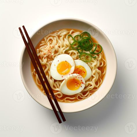 Food photography of Ramen on white bowl isolated on white background. Generative AI Ramen Cup Drawing, White Background Food Photography, Ramen Food Photography, Food Photography White Background, Ramen Bowl Aesthetic, Food Cover Photo, Korean Food Photography, Ramen Packaging, Ramen Photography