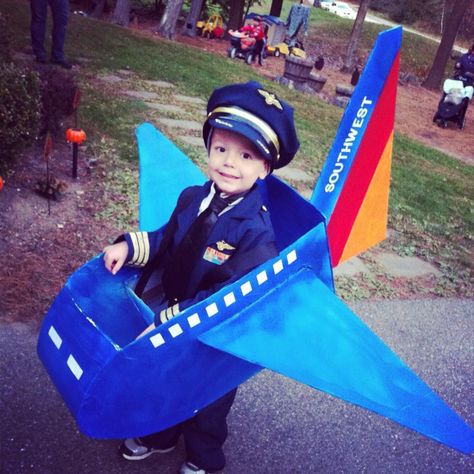 Southwest Pilot Costume! Airplane Costume For Kids, Southwest Airplane, Plane Costume, Airplane Costume, Pilot Halloween, Cardboard Airplane, Diy Airplane, Pilot Costume, Airplane Kids