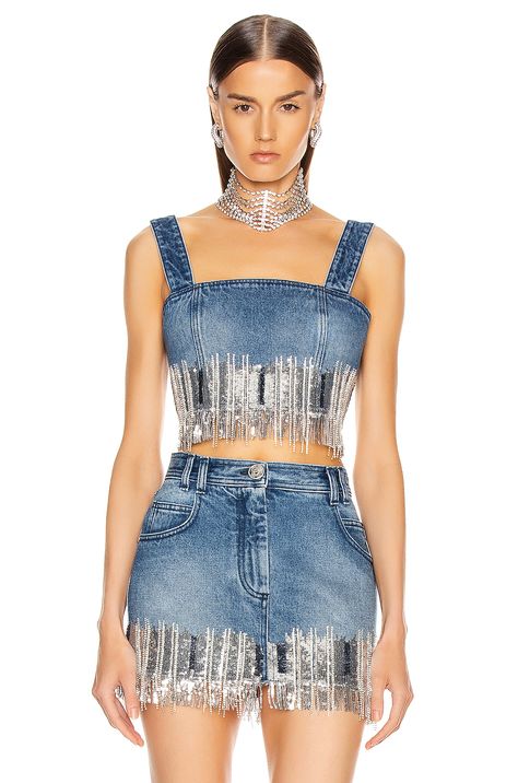 BALMAIN Embroidered Fringe Denim Bra Top in Blue & Silver | FWRD Denim Top And Skirt, Denim Disco, Denim Bra Top, Denim Bra, Rodeo Houston, Nature Inspired Fashion, Diy Denim, Denim And Diamonds, Fringe Fashion