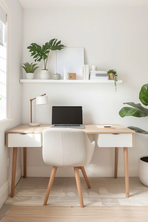 Inspiration for creating a cozy desk setup in a small room or bedroom. Minimalist Work Desk Small Spaces, Small Room Minimalist Design, Desk Nook In Living Room, Working Desk In Bedroom, Minimalist Desk Ideas, Bedroom Workspace Ideas, Study Nook Ideas, Minimalist Work Desk, Minimalist Study Room