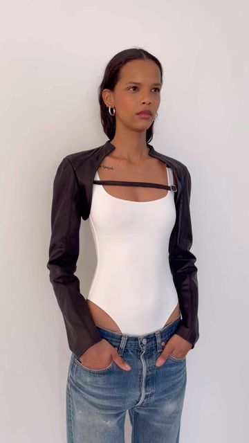 Leather Bolero, Brown Bolero Outfit, Turtleneck Bolero Outfit, Bolero Outfit Street Styles, Leather Bolero Jacket, Y2k Bolero, Leather Top, Design Inspo, New Look