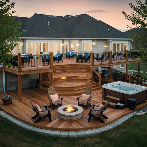 Screen Porch And Deck Combo, Walkout Basement Deck Ideas, Outdoor Deck With Roof, Floating Deck Ideas Ground Level, Deck On A Hill Sloped Yard, Multi Level Deck Ideas On A Slope, Lake House Decks, Walk Out Basement Patio Under Deck, Big Deck Ideas