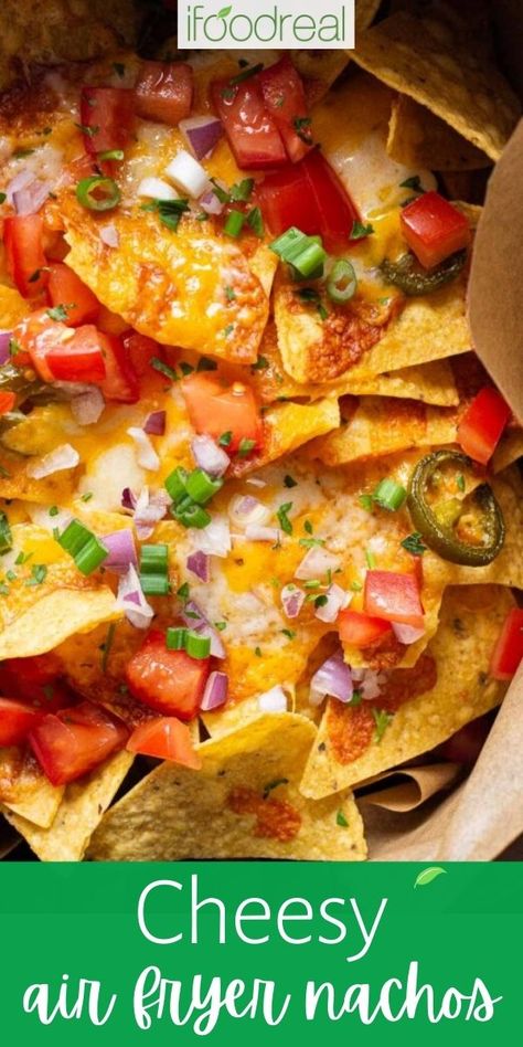 Air fryer nachos are easy, cheesy, loaded, and have the flexibility of making them exactly the way you like. In under 8 minutes with almost no clean-up afterward, you'll have layers of the best tasting crispy nachos you've ever made! Air Fryer Nachos, Pork Carnitas Recipe, Easy Nachos, Pork Nachos, Air Fryer Cooking Times, Cooks Air Fryer, Loaded Nachos, Air Fryer Oven Recipes, Air Fry Recipes