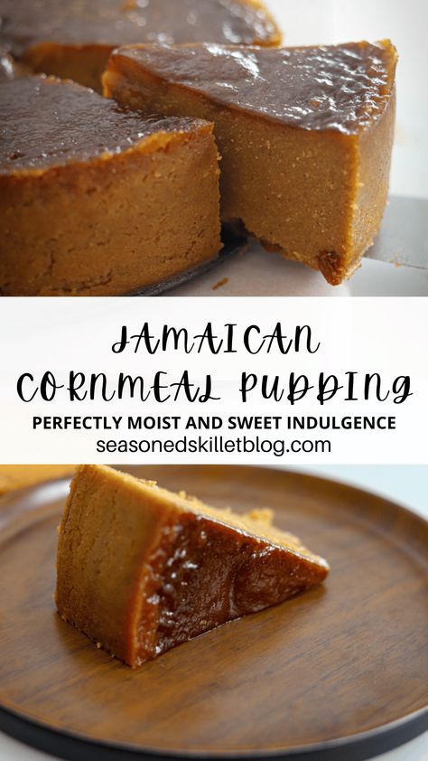 Jamaican Cornmeal Pudding, also known as cornmeal pone, is a deliciously spiced (and sometimes spiked) dessert made with finely ground yellow cornmeal, coconut milk, sugar, and warm spices. This classic Caribbean dessert is a perfectly moist and sweet indulgence that everyone will love. Cornmeal Pudding Recipe, Jamaican Cornmeal Pudding, Cornmeal Cake, Cornmeal Desserts, African Desserts, Jamaican Dessert, Recipes With Cornmeal, Carribean Desserts, Cornmeal Pudding Recipe Jamaican