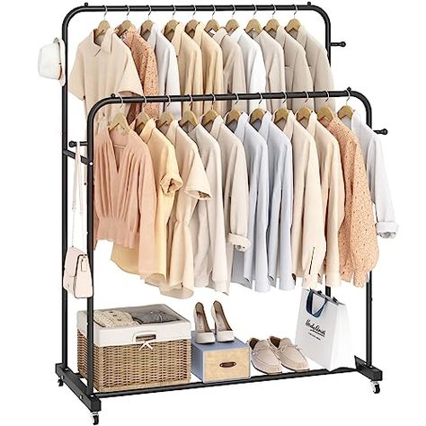 Limited-time deal: Laiensia Double Rods Garment Rack with Wheels, Clothing Rack for Hanging Clothes,4 Hooks, Multi-functional Bedroom Clothes Rack, Black Bedroom Clothes Rack, Portable Clothes Rack, Storing Shoes, Rolling Rack, Clothes Hanger Rack, Laundry Rack, How To Store Shoes, Garment Rack, Closet Accessories