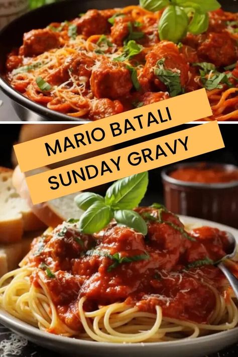 Sunday Gravy Recipe, Mario Batali Recipes, Sunday Gravy, Celebrity Recipes, Mario Batali, Sunday Recipes, Eggplant Parmesan, Gravy Recipe, Hearty Dinner