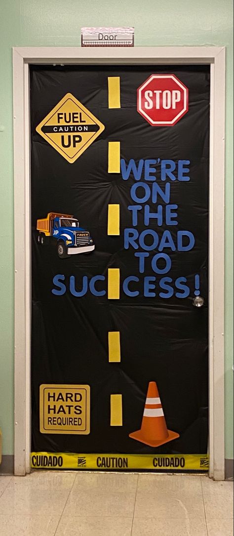 Construction Door Theme, Construction Zone Bulletin Board Ideas, School Bus Classroom Decoration, Transportation Themed Bulletin Boards, Transportation Theme Door Decoration, Jeep Classroom Door, Transportation Classroom Theme, Transport Theme Classroom Decoration, Cars Bulletin Board Ideas