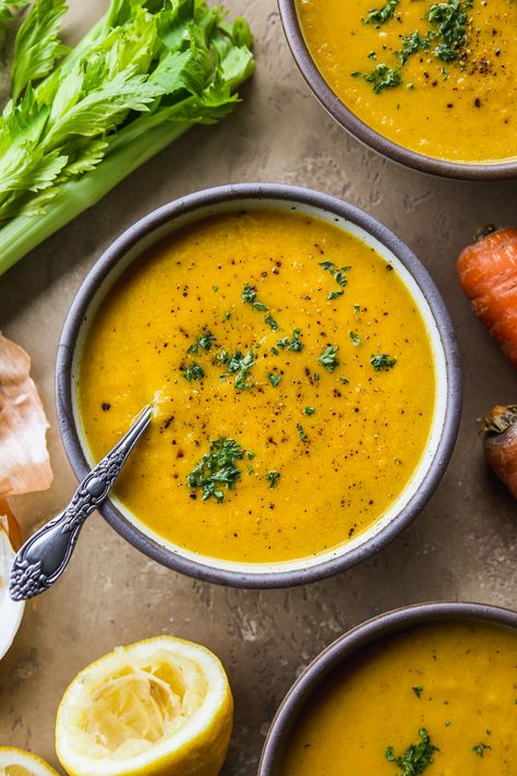 Carrot Celery Soup (Light, Fresh & Blended!) Carrot Celery Soup, Soup Blended, Carrot And Celery Soup, Walder Wellness, Salmon With Spinach, Kabocha Squash Soup, Cheese Pasta Bake, Cottage Cheese Pasta, Stuffed Salmon