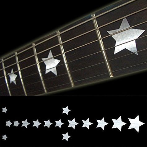 Electric Guitar Sticker Aesthetic, Random Star Guitar, White Electric Guitar With Stickers, Guitars With Stickers, Star Electric Guitar, Star Bass Guitar, Electric Guitar With Stickers, Fretboard Stickers, Star Guitar