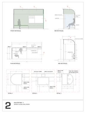 plans and elevations sections and details renders Creative Bus Stop, Section And Plan, Auditorium Plan, Bus Stop Advertising, Accessibility Design, Bus Stop Design, Site Analysis Architecture, Round House Plans, Bus Shelters