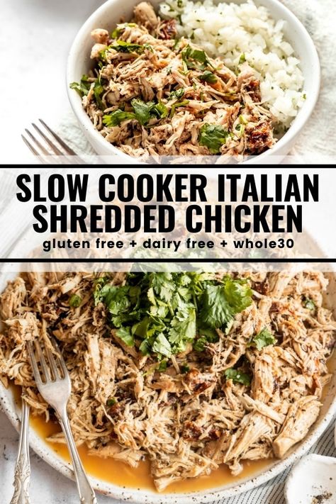 If you're needing a simple and versatile entree you're really going to be a fan of this Slow Cooker Italian Shredded Chicken. It requires just a few ingredients and can be served so many different ways! Chicken Italian Recipes, Chicken Italian Dressing, Crockpot Pineapple Chicken, Chicken Italian, Italian Chicken Crockpot, Shredded Chicken Crockpot, Slow Cooker Italian, Pineapple Chicken Recipes, Slow Cooker Shredded Chicken