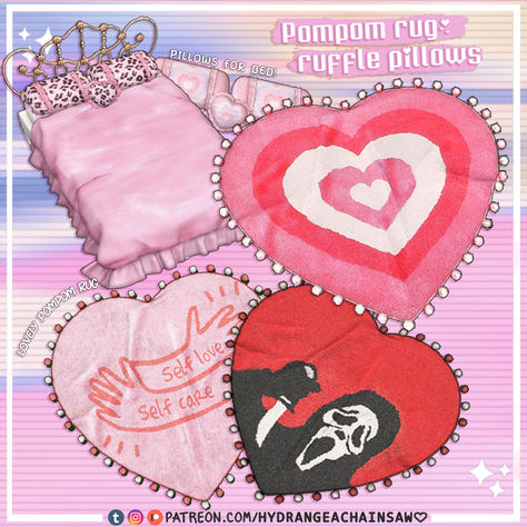 Sims 4 Cc Alpha Furniture, Sims 4 Cc Bedroom Patreon, Sims 4 90s Cc, Alpha Sims 4 Cc, Ruffle Pillows, 90s Furniture, Heart Pompom, Sims Dress, Pompom Rug