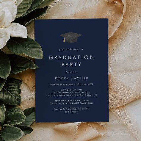 $2.77 | Chic Navy Blue Grad Cap Graduation Party #rustic graduation party, modern high school grad party, simple college senior graduation, minimalist graduation party, boho grad party, minimal graduate celebration, mod winter fall spring summer, classic class of 2024, graduation cap hat tassel k400, bohemian dark navy blue white Boho Grad Party, Minimalist Graduation Party, Rustic Graduation Party, Blue Graduation Party, Watercolor Graduation, Graduation Invitations High School, Cap Graduation, Graduation Templates, Blue Graduation