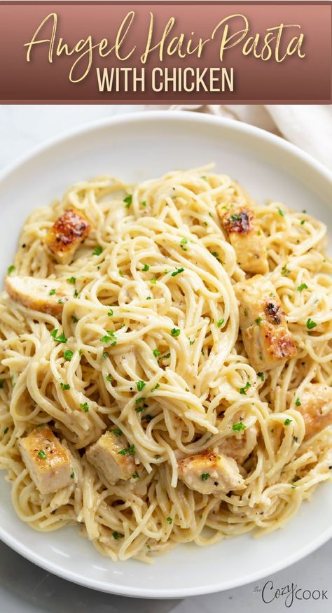 angel hair pasta with chicken and a creamy sauce Angel Hair Pasta With Chicken, Chicken Breast Pasta Recipes, Chicken Angel Hair Pasta, Chicken Breast Pasta, Angel Hair Pasta Recipes, Lemon Chicken Pasta, Pasta With Chicken, Boiled Chicken Breast, Chicken Alfredo Pasta