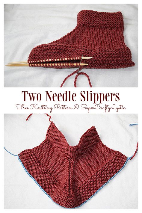 Two Needle Slippers Free Knitting Pattern - Knitting Pattern Chunky Slippers, Knitted Socks Free Pattern, Intermediate Knitting Patterns, Knit Slippers Free Pattern, Easy Knitting Patterns Free, Crochet Slipper, Knit Slippers, Knit Items, Shawl Knitting