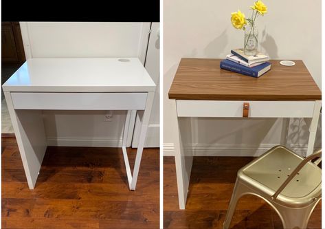 Upcycled an old IKEA Micke desk using wood print contact paper and a leather handle pull.  Products found at Amazon, total spend under $10! Micke Hack Ikea, Upcycled Ikea Desk, Ikea Desk Upcycle, Ikea Micke Desk Makeover, Micke Desk Ikea Hack, Micke Desk Hack, Ikea Micke Desk Hack, Contact Paper Desk, White Ikea Desk