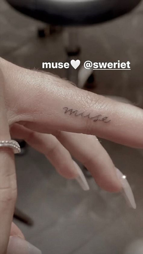 Your Muse Tattoo, I Am My Own Muse Tattoo, Muse Tattoo Font, My Own Muse Tattoo, Muse Tattoo Ideas, Be Your Own Muse Tattoo, Muse Tattoo Words, Musa Tattoo, Fine Line Script Tattoo