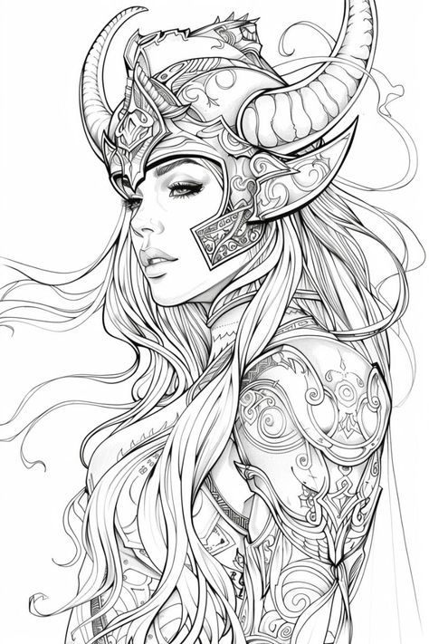 Unleash your creativity with our "Elegant Warrior Woman Coloring Page," specifically designed for adults and available as a free printable. This page features a strikingly beautiful woman adorned in a detailed fantasy warrior helmet, blending grace and strength in a captivating image. Perfect for fans of fantasy and intricate designs, this coloring page invites you to bring this powerful and elegant character to life with your artistic touch. #WarriorWoman #FantasyArt #ElegantStrength #AdultColo Character Coloring Pages, Elegant Character, Dark Alice In Wonderland, Warrior Helmet, Coloring Page Printable, Detailed Coloring Pages, Adult Coloring Book Pages, Online Coloring Pages, Grayscale Coloring