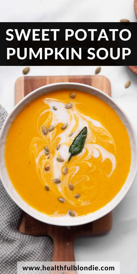 This comforting pumpkin sweet potato soup is creamy, healthy, and ready in under 30 minutes. The perfect cozy meal made with canned pumpkin, coconut milk, ginger, sage, and warm spices. It's gluten-free and vegan! Sweet Potato Soup Recipes Healthy, Dairy Free Tomato Soup, Pumpkin Sweet Potato Soup, Pumpkin Sweet Potato, Blondie Recipes, Sweet Potato Soup Recipes, Dinners Recipes, Vegan Soup Recipes, Healthy Fall