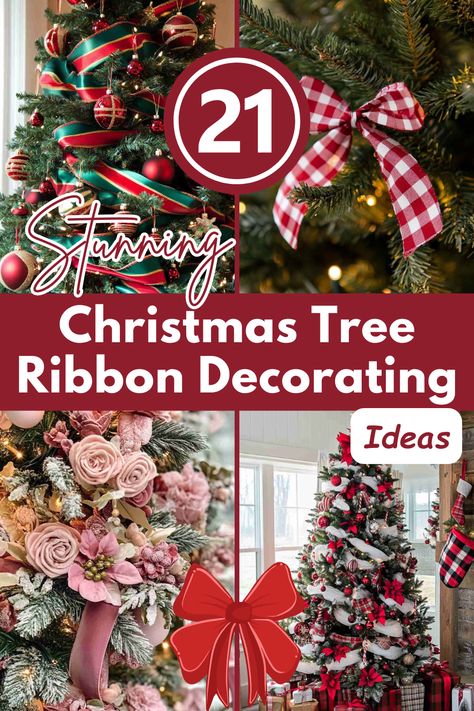 Add elegance and personality to your Christmas tree with these stunning ribbon decorating ideas! Explore options like velvet, plaid, metallics, and more for a magical holiday look. #ChristmasDecor #HolidayDecorating #RibbonIdeas #ChristmasTreeDecor #FestiveInspiration Adding Ribbon To Garland, Decorating Tree With Ribbon, Christmas Trees Decorated With Ribbon, Christmas Tree Ribbon Decorating Ideas, Christmas Tree Ribbon Decorating, Tree With Ribbon, Decorating Christmas Trees, Christmas Tree Inspo, Christmas Tree Ribbon