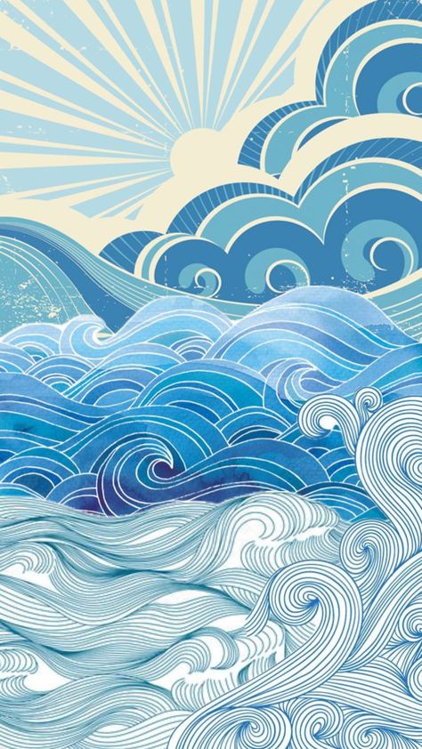 #waves Trippy Ocean Drawing, Wave Drawings Simple, Art Nouveau Ocean Waves, Waves Ocean Drawing, Wave Crashing Drawing, Art Nouveau Waves, Ocean Yearbook Theme, Ocean Wave Illustration, Abstract Wave Art