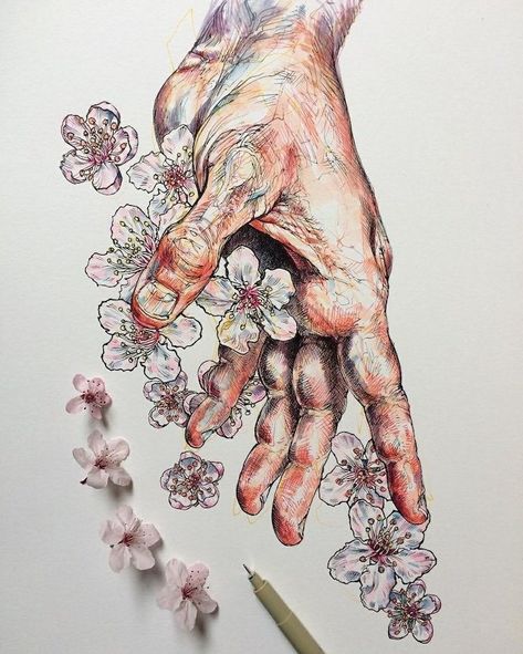 hand-dropping-flowers-colored-painting-cool-designs-to-draw-white-background A Pencil, A Drawing, Pencil, Flowers