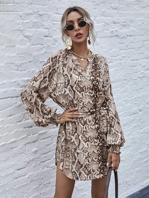 Black Friday 2020 | Snakeskin Notched Neck Bishop Sleeve Belted Dress | SHEIN USA Dresses Shein, Shein Dress, Shein Dresses, Bishop Sleeve, Dress Mini, Winter Dresses, Belted Dress, Dress P, Snake Skin