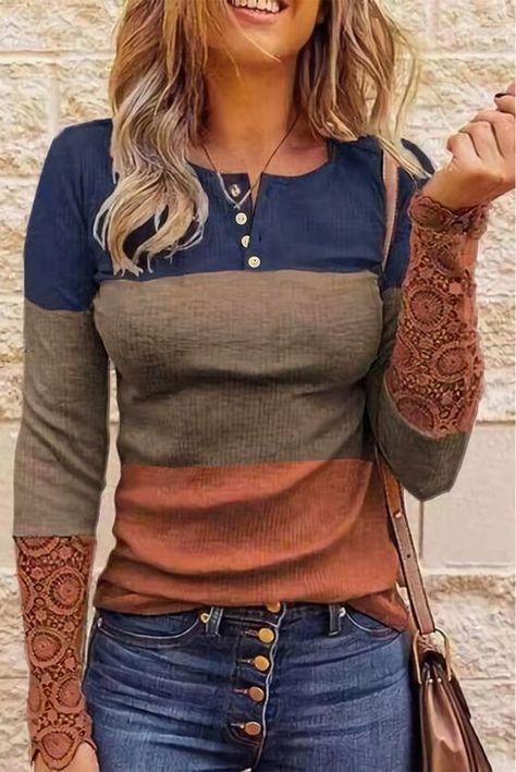 Lace Long Sleeve Top, Color Block Blouse, Colour Blocking, Lace Splicing, Lace Top Long Sleeve, Lace Long Sleeve, Outfits Winter, Long Sleeve Tunic, Casual Blouse