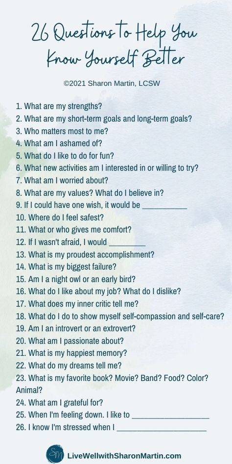 26 Questions To Help You Know Yourself Better - Live Well with Sharon Martin Emotional Iq, Know Myself, Journal Questions, Healing Journaling, Know Yourself, Self Care Bullet Journal, Writing Therapy, Do You Know Me, Journal Writing Prompts