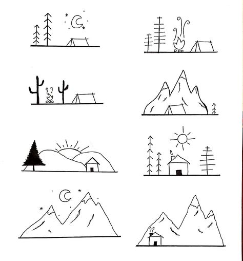 Cabin Tattoo Simple, Virat Drawing, Foto Camping, Cabin Tattoo, Travel Tattoo Ideas, Mountain Tattoo Simple, Travel Tattoos, Botanical Line Drawing, Easy Art For Kids