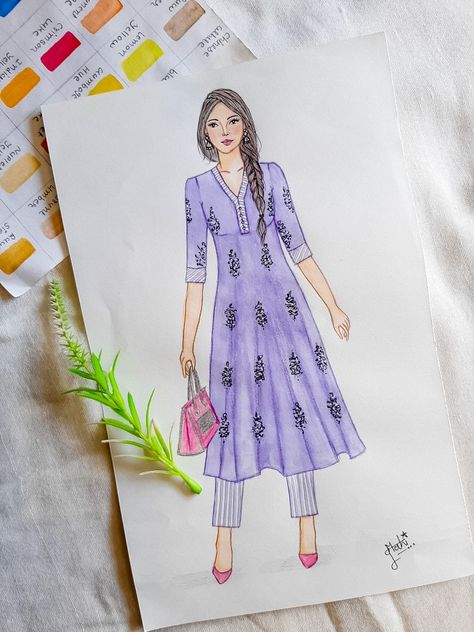 Designed Dresses Sketch, Casual Dress Sketch Design, Kurti Drawing Sketches, Simple Dress Illustration, Kurti Fashion Illustration, Casual Dress Drawing Sketches, Dress Art Drawing Sketches, Dress Outfits Drawing Sketch, Casual Wear Dress Drawing