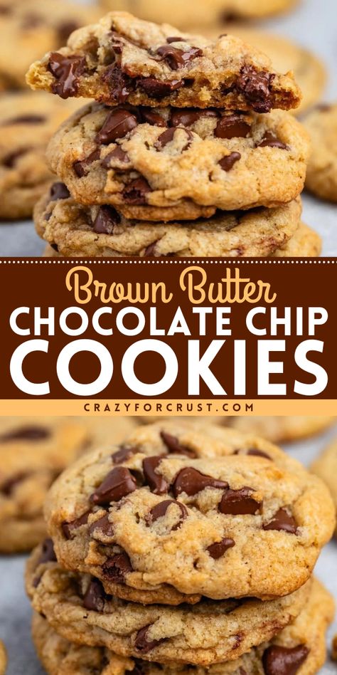 These Brown Butter Chocolate Chip Cookies are some of my favorite cookies ever! Bakery Style Chocolate Chip Cookies are full of delicious chocolate chips with a warm brown butter flavor. These huge cookies are a hit! Homemade Brown Butter Chocolate Chip Cookies, Cookie Chip Cookies, Recipes For Chocolate Chips, Chocolate Chip Butter Cookies, Brown Butter Chocolate Chip Pecan Cookies, Chocolate Chip Cookie Tips, Extra Chocolate Chip Cookies, Brown Butter Chocolate Chip Cookies Soft, Puffy Chocolate Chip Cookies Soft