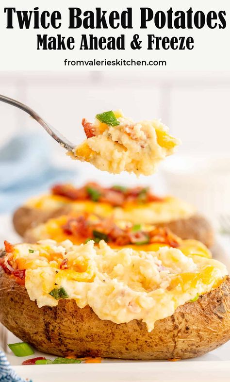 These classic Twice Baked Potatoes have a delicious sour cream and butter mashed potato filling loaded with cheddar cheese and bacon. Freeze a batch to reheat whenever the craving strikes! #potatoes #twicebakedpotatoes #sidedish #makeahead #freezerfriendly #freezermeals Freezing Baked Potatoes, Freezer Sides, Sour Cream Mashed Potatoes, Meal Train, Party Potatoes, Butter Mashed Potatoes, Potato Filling, Stuffed Baked Potatoes, Freezer Food