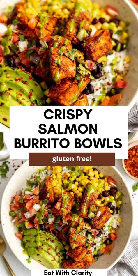 These salmon burrito bowls are crispy, easy to make, high protein and perfect for meal prep. These gluten free bowls are healthy and easy to make. Gluten Free Recipes For Dinner High Protein, Mexican Grain Bowl, Southwest Salmon Bowl, High Protein Keto Lunch, Salmon Chickpea Bowl, High Protein Gluten Free Recipes, Fish Based Meals, Dinner Bowls Healthy Recipe Ideas, High Protein Fish Meals